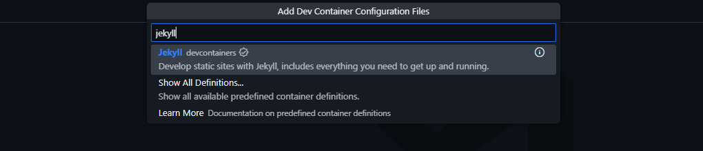 Choosing the Jekyll configuration for the container.