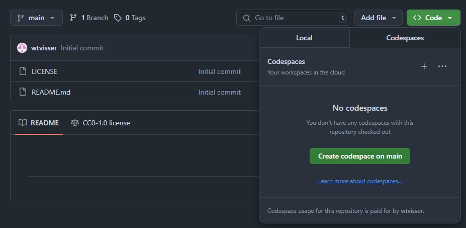 Creating a codespace from the Github repository.
