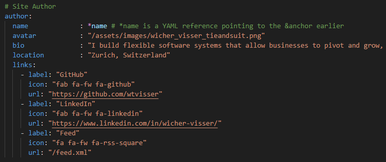 Configure the author profile in _config.yaml.