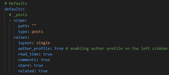 Configure the author profile in _config.yaml.